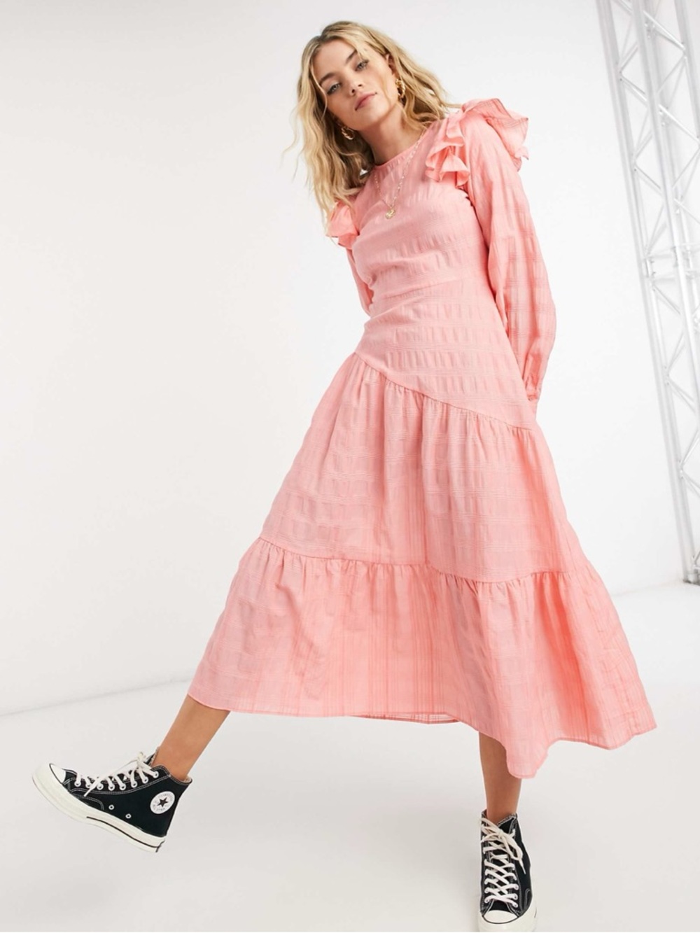 NWT Topshop Neon Coral Check Midi Dress